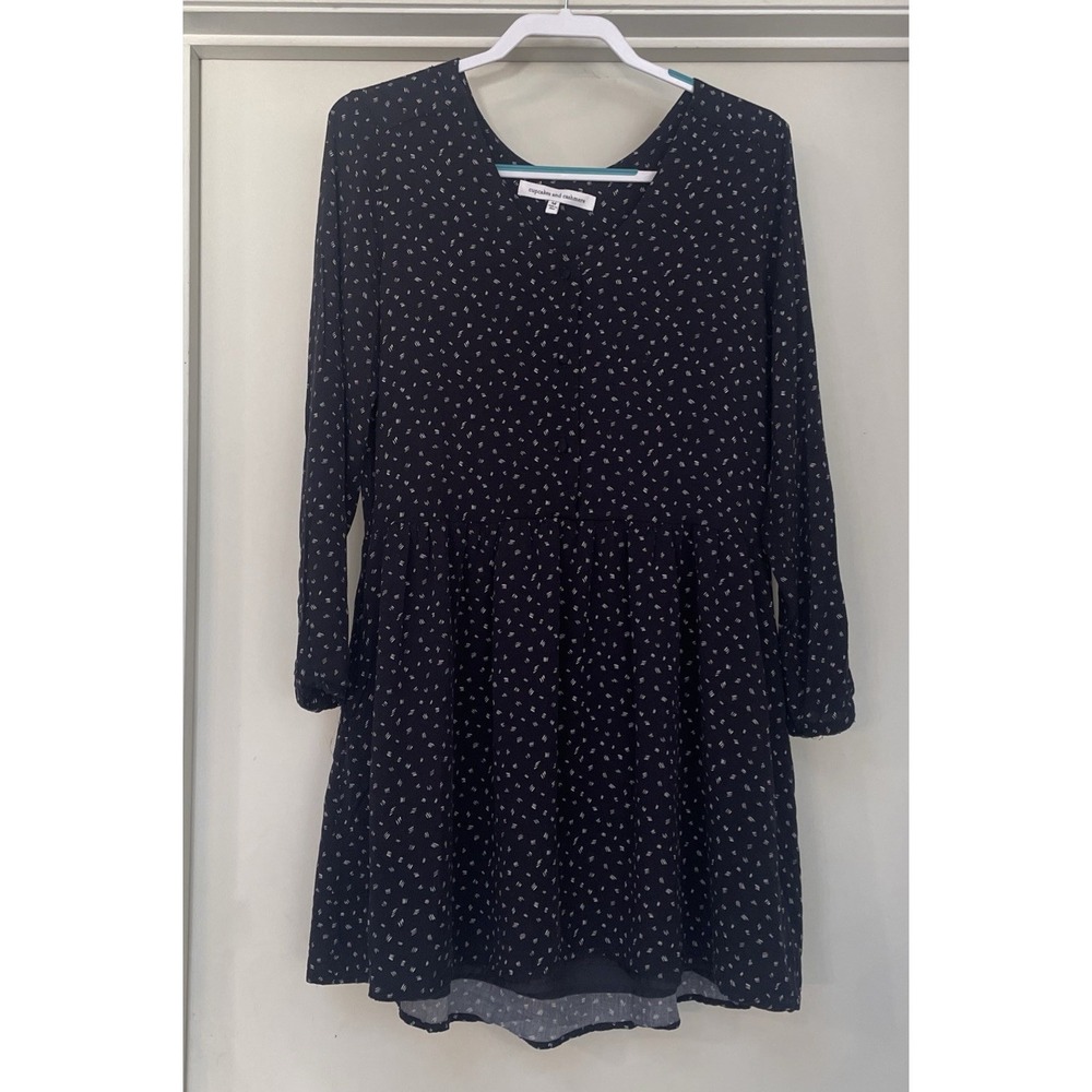 Cupcakes & Cashmere Women's Medium Navy Blue Baby Doll Dress Long Sleeve Lined